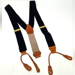 VINTAGE DOONEY & BOURKE BLACK & KHAKI LEATHER BUTTON SUSPENDERS MEN OS *FLAWED*